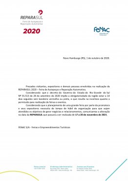 Comunicado oficial  sobre o adiamento da Reparasul 2020